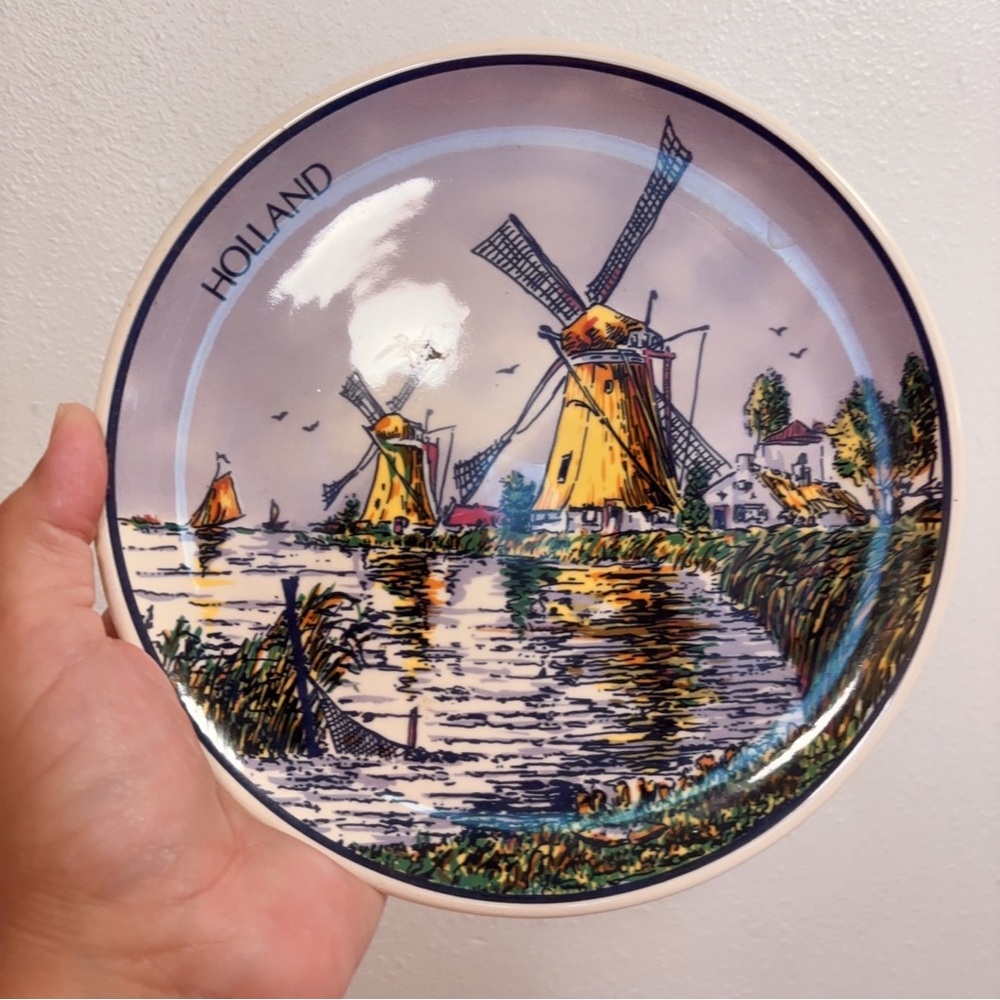Vintage Delft Vibrant Holland Windmill Decorative Plate Purple Sky Scenery